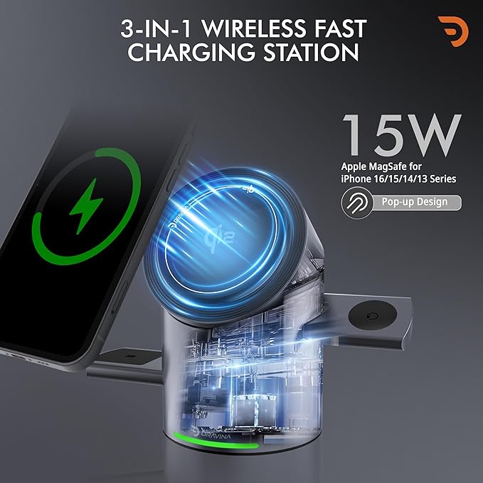 Magnetic Wireless 3-in-1Charging Station Mag-Safe Charger with Auto Rotating Stand for iPhone, Apple Watch, AirPods