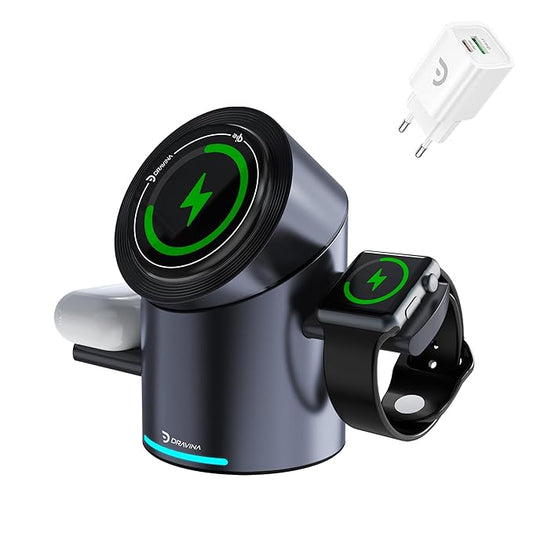 Magnetic Wireless 3-in-1Charging Station Mag-Safe Charger with Auto Rotating Stand for iPhone, Apple Watch, AirPods