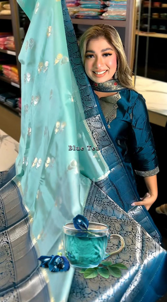 Blue Tea Pure Silk Saree(Buy 1 Get 1 Free)
